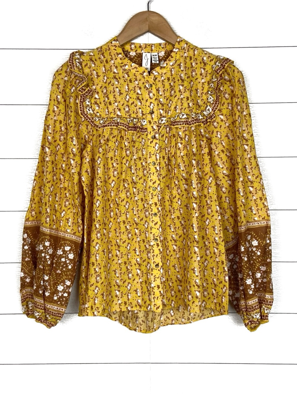 NWT JOIE Blouse Print Ruffle Boho Peasant Cotton Medium Yellow Brown New Western